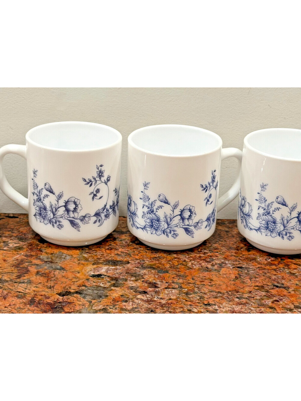 Vintage Arcopal France "Glenwood" White Milk Glass Blue Floral Coffee Mugs